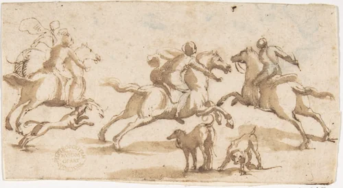 Horsemen Hunting by Francesco Allegrini, drawing, 1624-1663