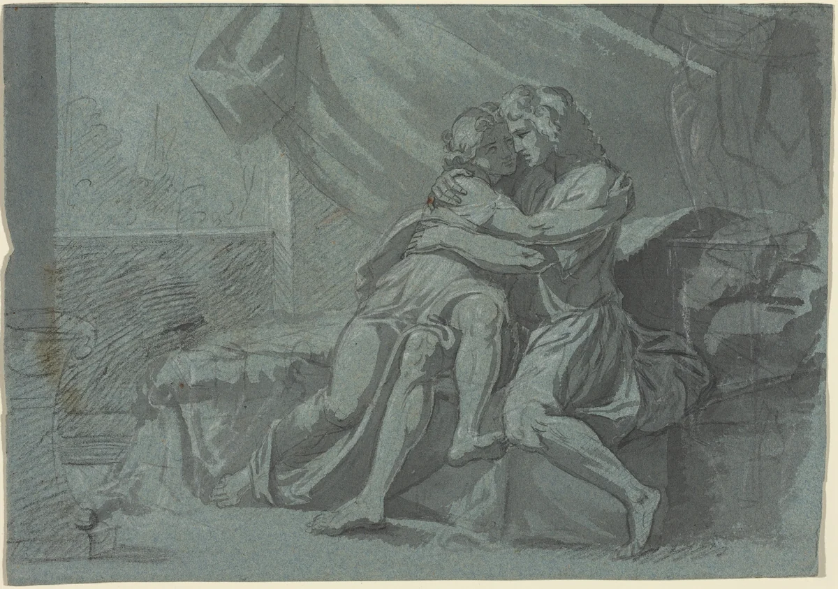 Embracing Lovers in Classical Dress / A Woman in Classical Dress Looking Up by Heinrich Friedrich Füger, drawing, 1751-1818