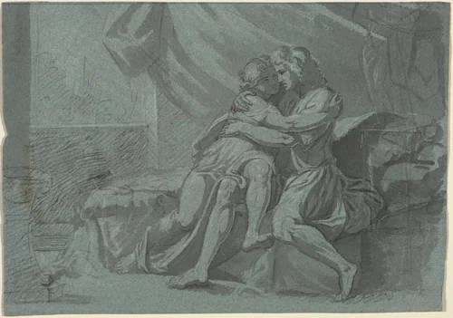 Embracing Lovers in Classical Dress / A Woman in Classical Dress Looking Up by Heinrich Friedrich Füger, drawing, 1751-1818