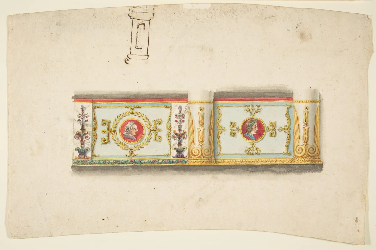 Design for a Decorative Wall Panel with Profile Portraits, and a Study for a Column by anonymous, drawing, 1800-1899