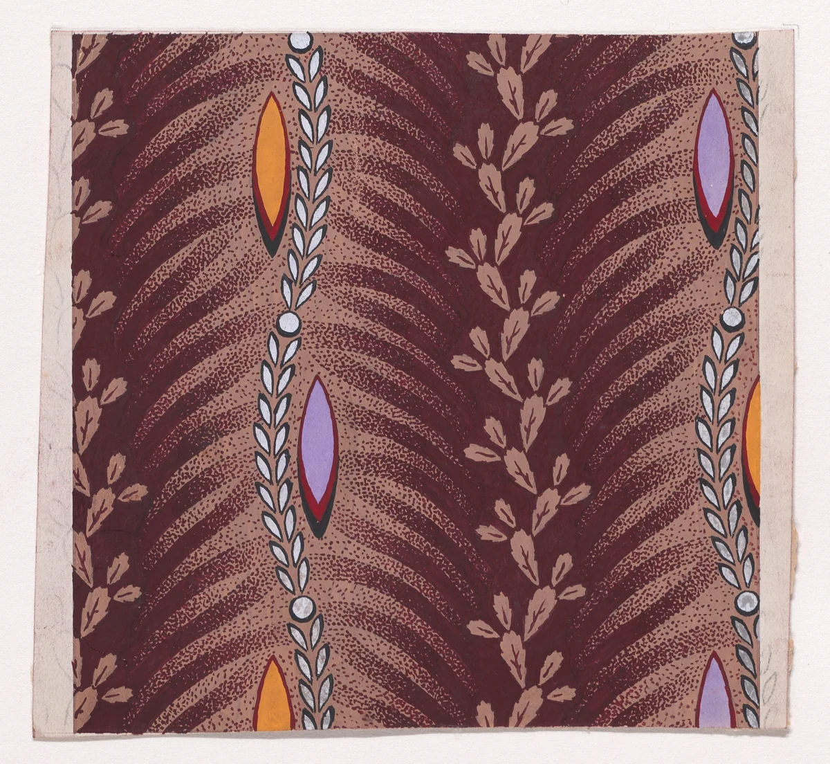 Textile Design with Vertical Undulating Garlands of Stylized Leaves with Offsetting Stylized Palm Leaves Separated by Vertical Undulating Garlands of Leaves and Pearls with Alternating Shuttle-Shaped Motifs by anonymous, drawing, 1840