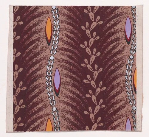 Textile Design with Vertical Undulating Garlands of Stylized Leaves with Offsetting Stylized Palm Leaves Separated by Vertical Undulating Garlands of Leaves and Pearls with Alternating Shuttle-Shaped Motifs by anonymous, drawing, 1840