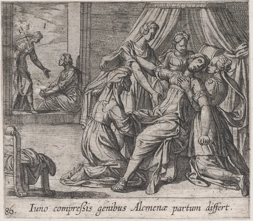 Plate 86: The Birth of Hercules (Iuno compreßis genibus Alcumenae partum differt), from Ovid's 'Metamorphoses' by Antonio Tempesta, print, 1606