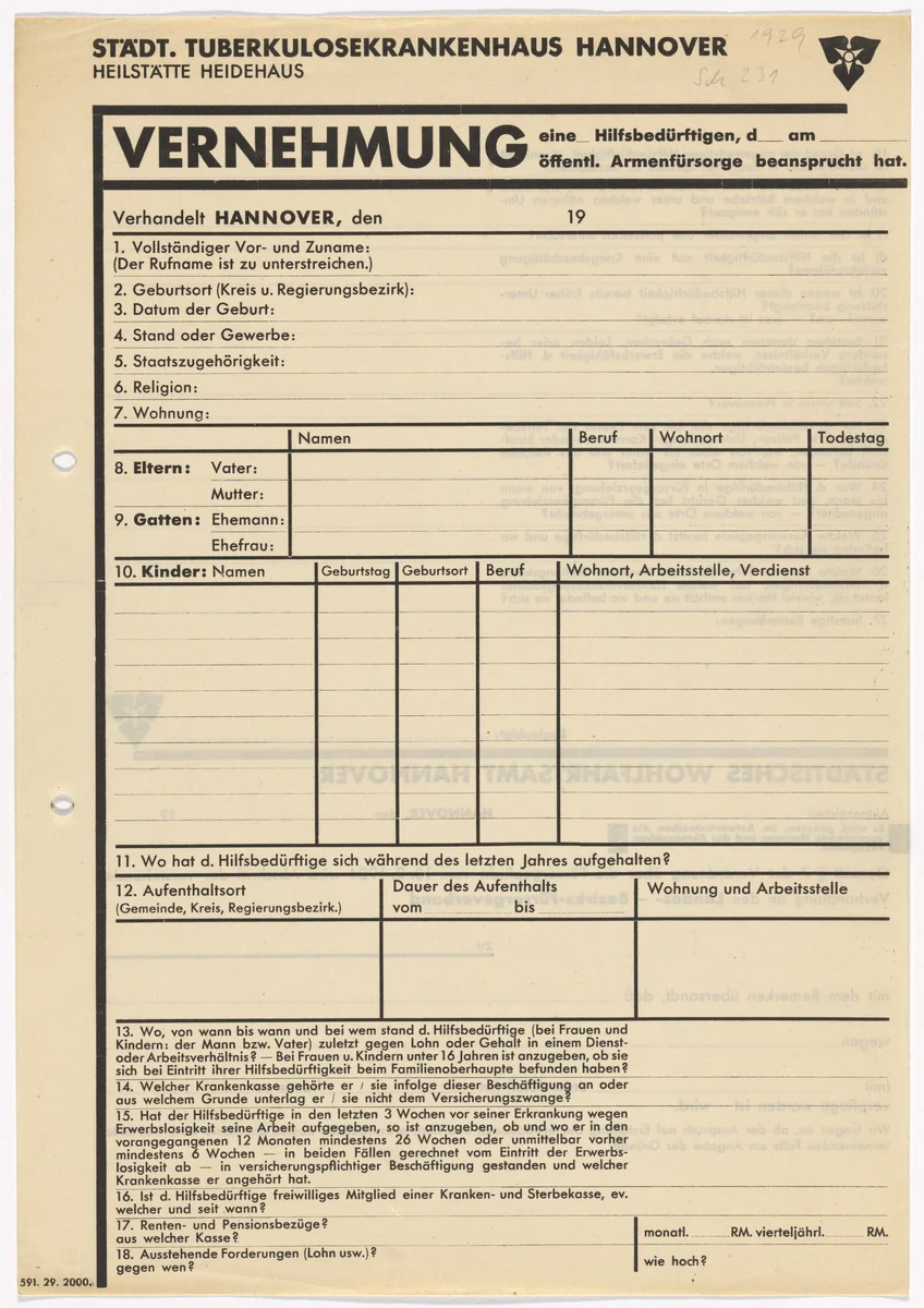 Stationery questionnaire for the State Tuberculosis Hospital, Sanitorium Heidehaus (Städtisches Tuberkulosekrankenhaus Heilstätte Heidehaus) by Kurt Schwitters, design, 1929