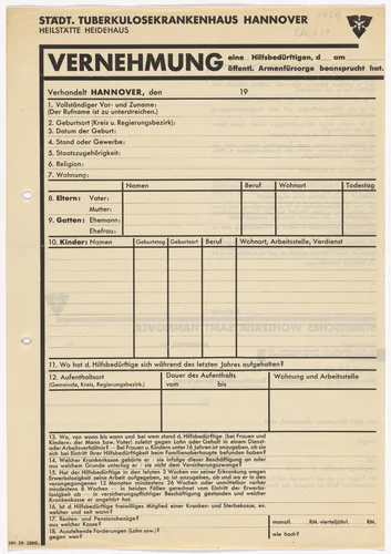 Stationery questionnaire for the State Tuberculosis Hospital, Sanitorium Heidehaus (Städtisches Tuberkulosekrankenhaus Heilstätte Heidehaus) by Kurt Schwitters, design, 1929