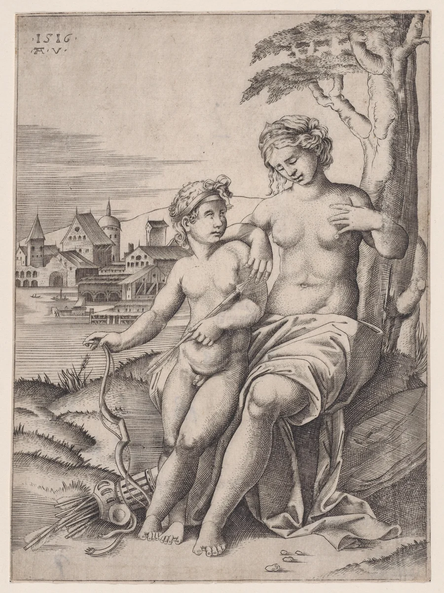 Venus and Eros by Agostino Veneziano, print, 1511-1521