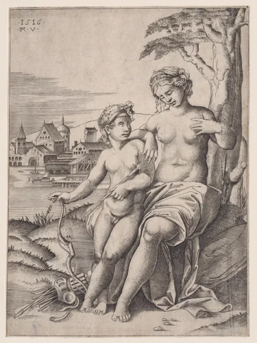 Venus and Eros by Agostino Veneziano, print, 1511-1521
