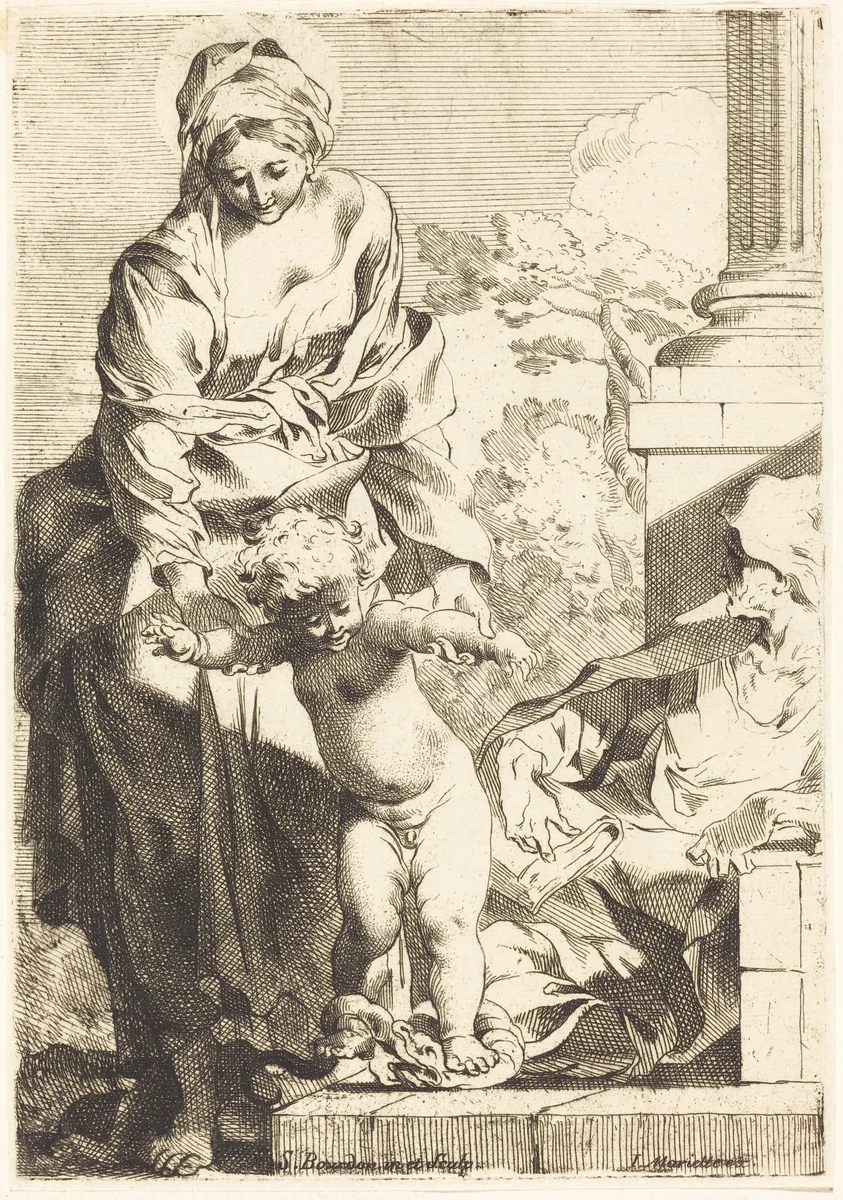 Virgin and Child Trampling on Sin by Sébastien Bourdon, print, 1640-1649