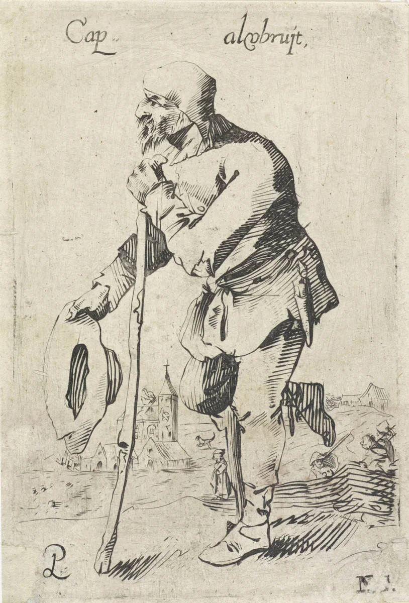 Bedelende man leunend op stok by Reinhard Voskens, print, 1633-1665