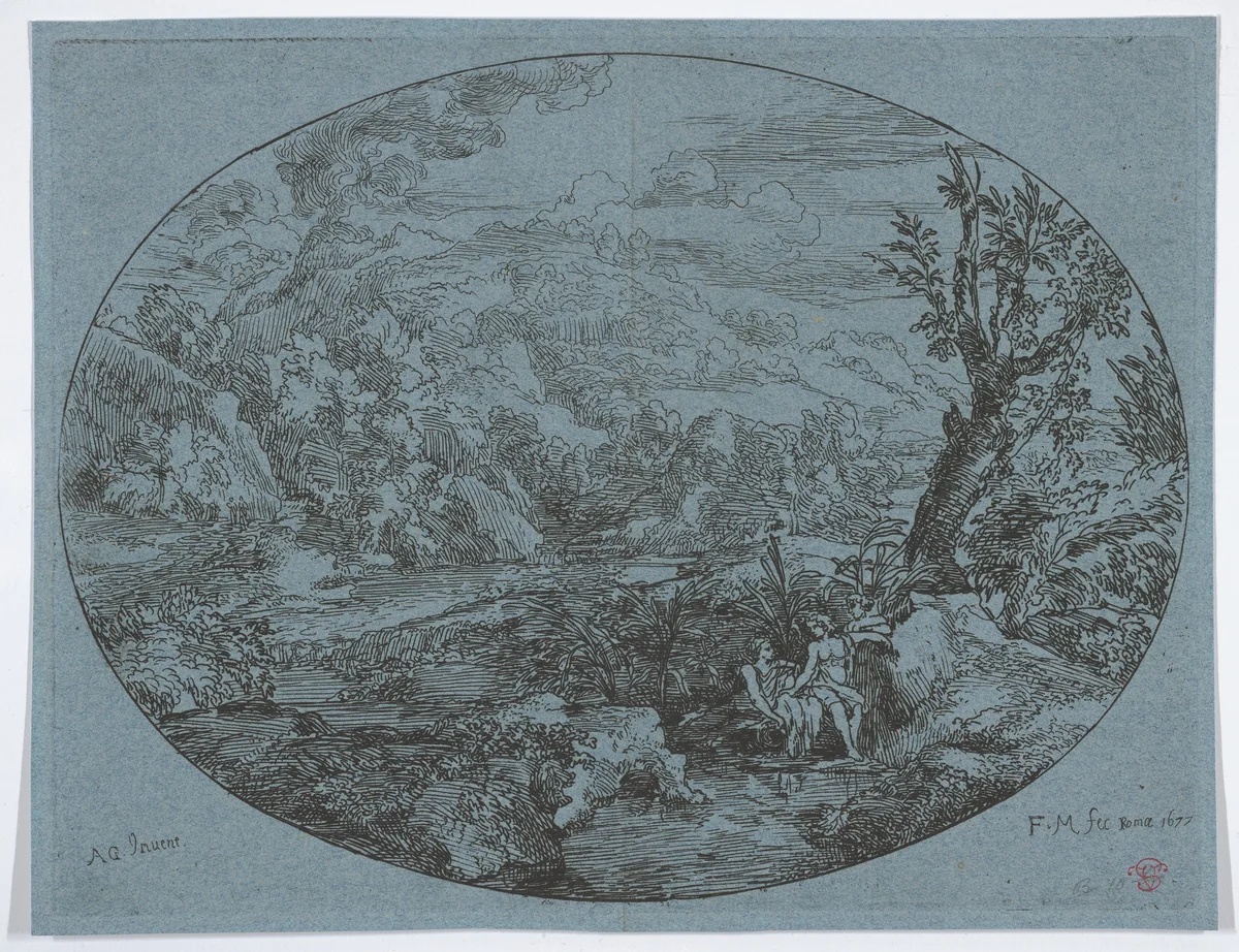 Landscape with Three Figures by Felix Meyer, print, 1677