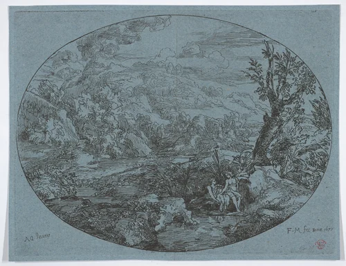 Landscape with Three Figures by Felix Meyer, print, 1677