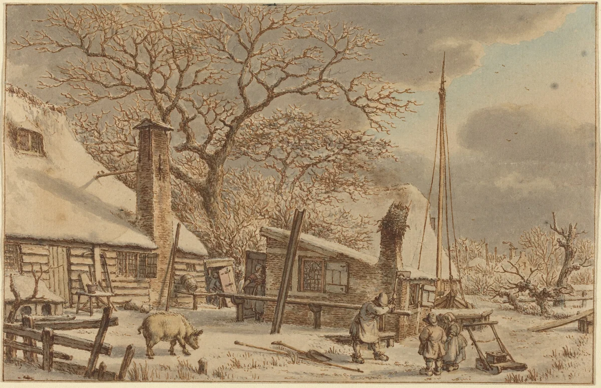 Farmyard in Winter by Jacob Cats, drawing, 1786