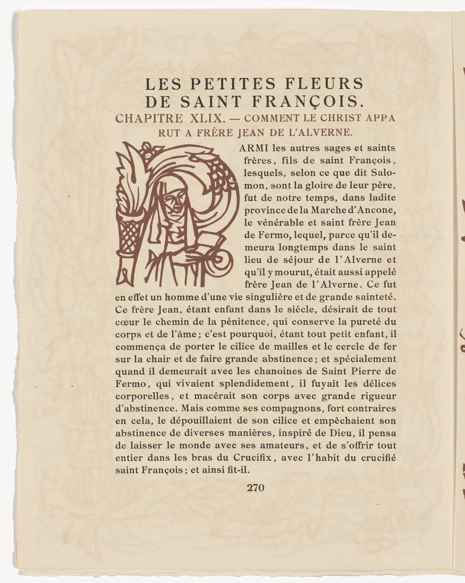 Pictorial initial (page 270) from Les Petites Fleurs de St. François (The Little Flowers of St. Francis) by Émile Bernard, illustrated book, 1928