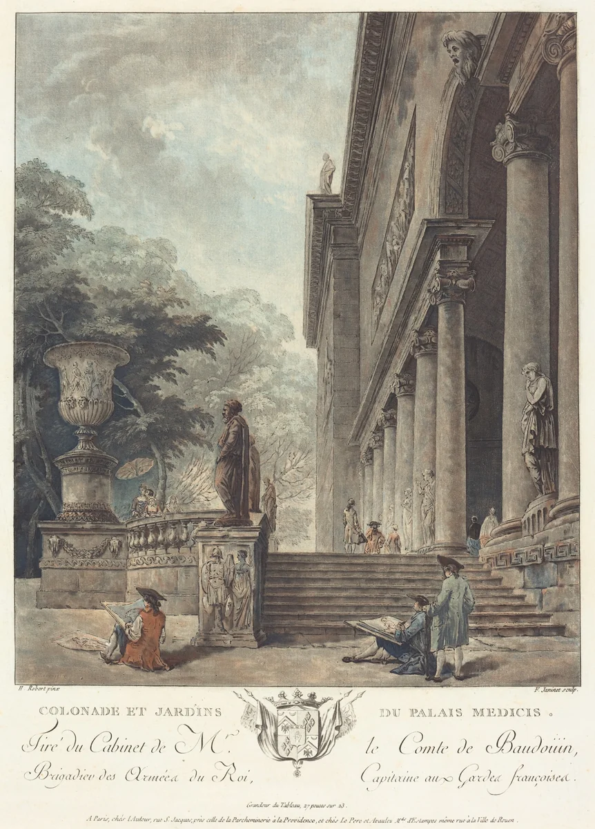 Colonade et Jardins du Palais Medicis (Colonnade and Gardens of the Medici Palace) by Jean-François Janinet; Hubert Robert, print, 1776