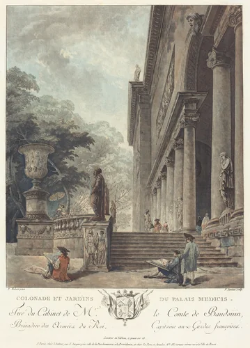 Colonade et Jardins du Palais Medicis (Colonnade and Gardens of the Medici Palace) by Jean-François Janinet; Hubert Robert, print, 1776