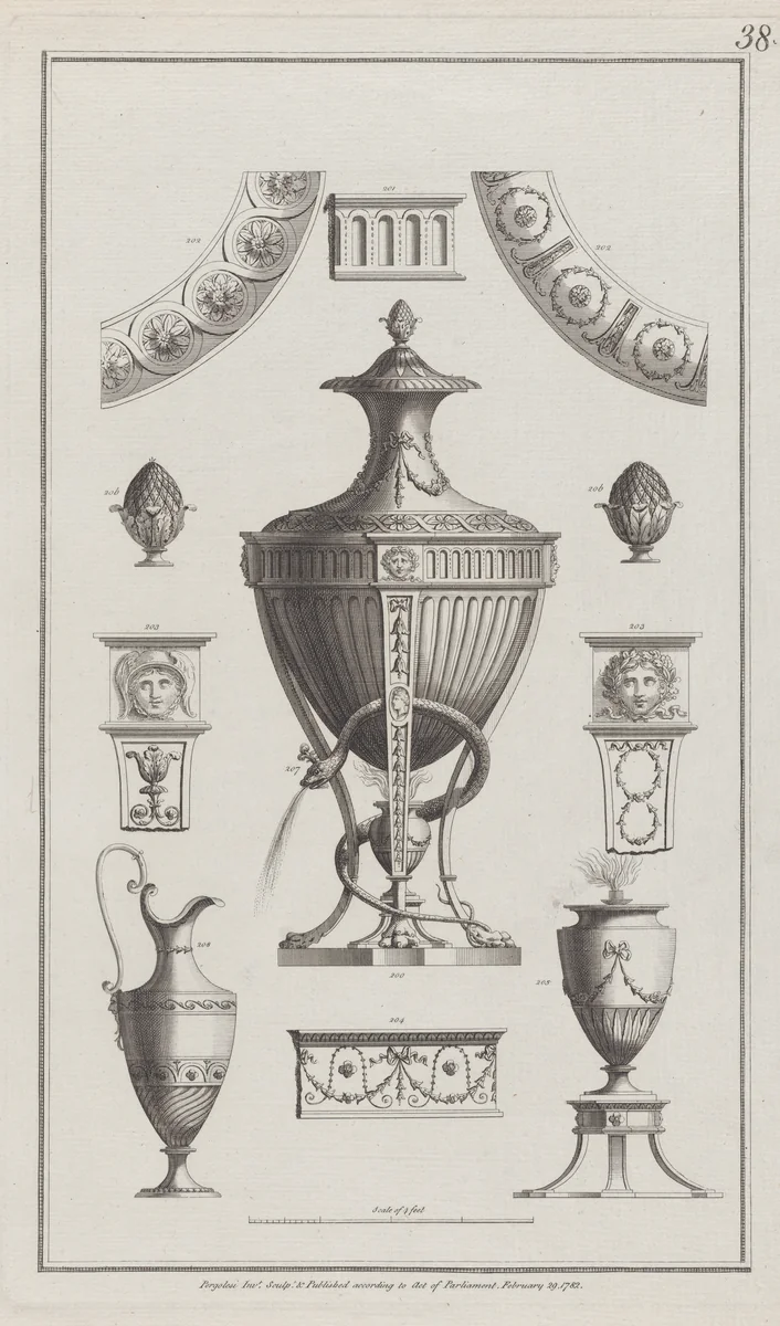 Vases and Ornament Designs, nos. 200-208, plate 38 from "Designs for Various Ornaments" by Michelangelo Pergolesi, print, 1782
