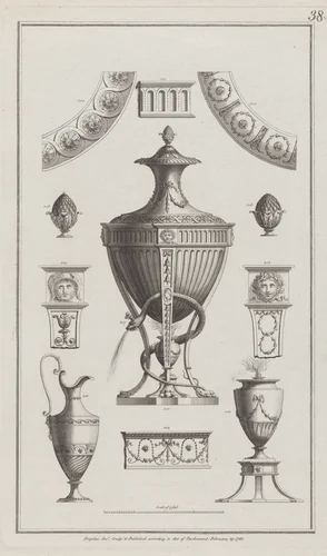 Vases and Ornament Designs, nos. 200-208, plate 38 from "Designs for Various Ornaments" by Michelangelo Pergolesi, print, 1782