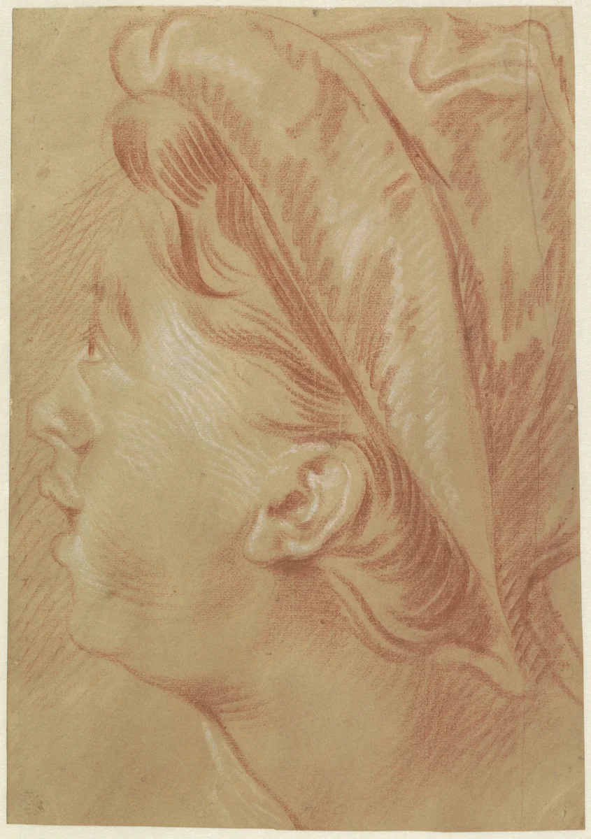 Hoofd van een vrouw, en profil naar links, met geopende mond by Jan Anton Garemyn, drawing, 1722-1799