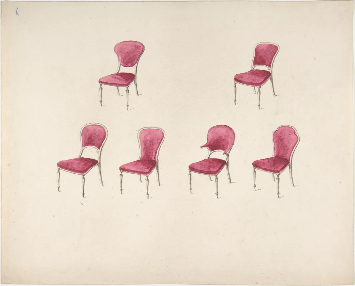 Design for Six Chairs with Scarlet Upholstery (verso: Sketch for Sofa) by anonymous, drawing, 1800-1850