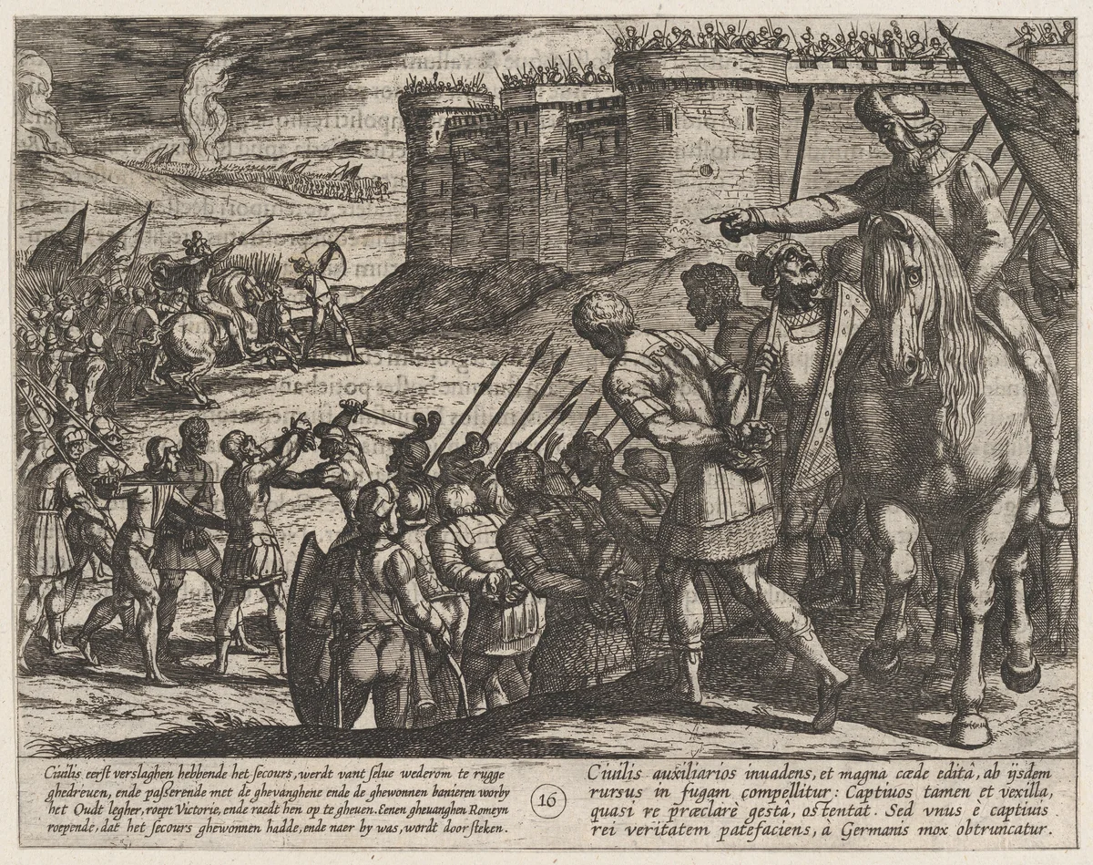 Plate 16: Roman Captives Before the Old Fortress, from The War of the Romans Against the Batavians (Romanorvm et Batavorvm societas) by Antonio Tempesta, print, 1611-1612