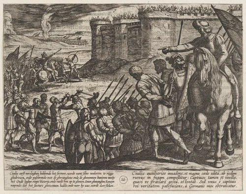 Plate 16: Roman Captives Before the Old Fortress, from The War of the Romans Against the Batavians (Romanorvm et Batavorvm societas) by Antonio Tempesta, print, 1611-1612