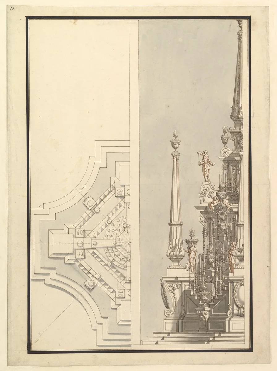 Half Ground Plan, Half elevation for a Catafalque for a Duchess de Berri by Giuseppe Galli Bibiena, drawing, 1696-1756