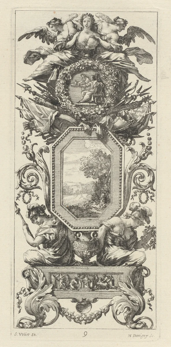 Ornamental Panel Surmounted with Two Figures Leaning on the Bust of a Woman by Michel Dorigny; Simon Vouet, print, 1647