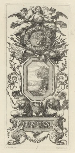Ornamental Panel Surmounted with Two Figures Leaning on the Bust of a Woman by Michel Dorigny; Simon Vouet, print, 1647