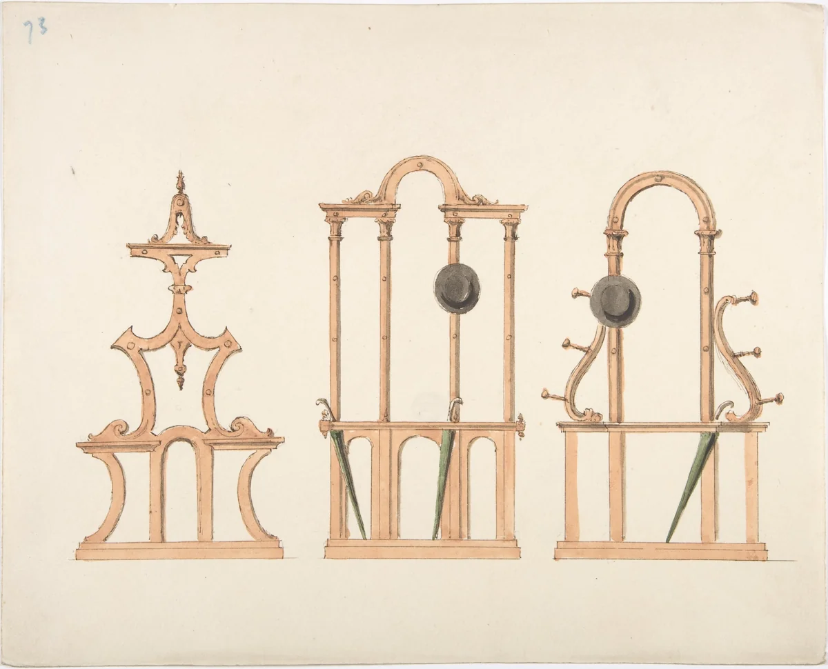Design for Three Hat and Umbrella Stands by anonymous, drawing, 1830-1840