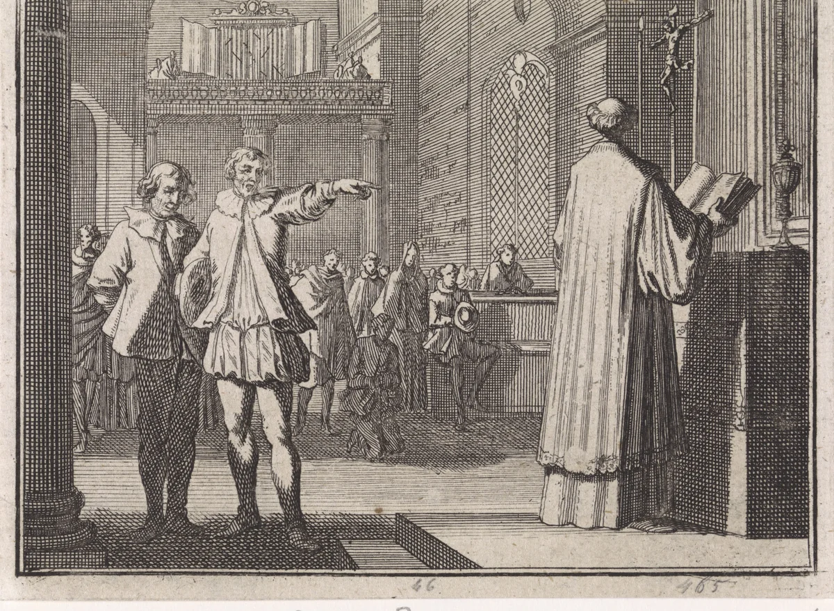 Jongeman wijst op een priester voor het altaar by Caspar Luyken, print, 1704
