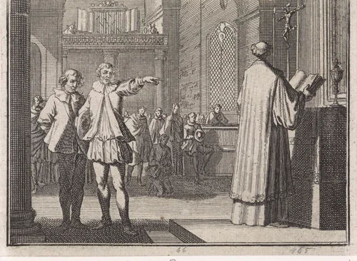 Jongeman wijst op een priester voor het altaar by Caspar Luyken, print, 1704