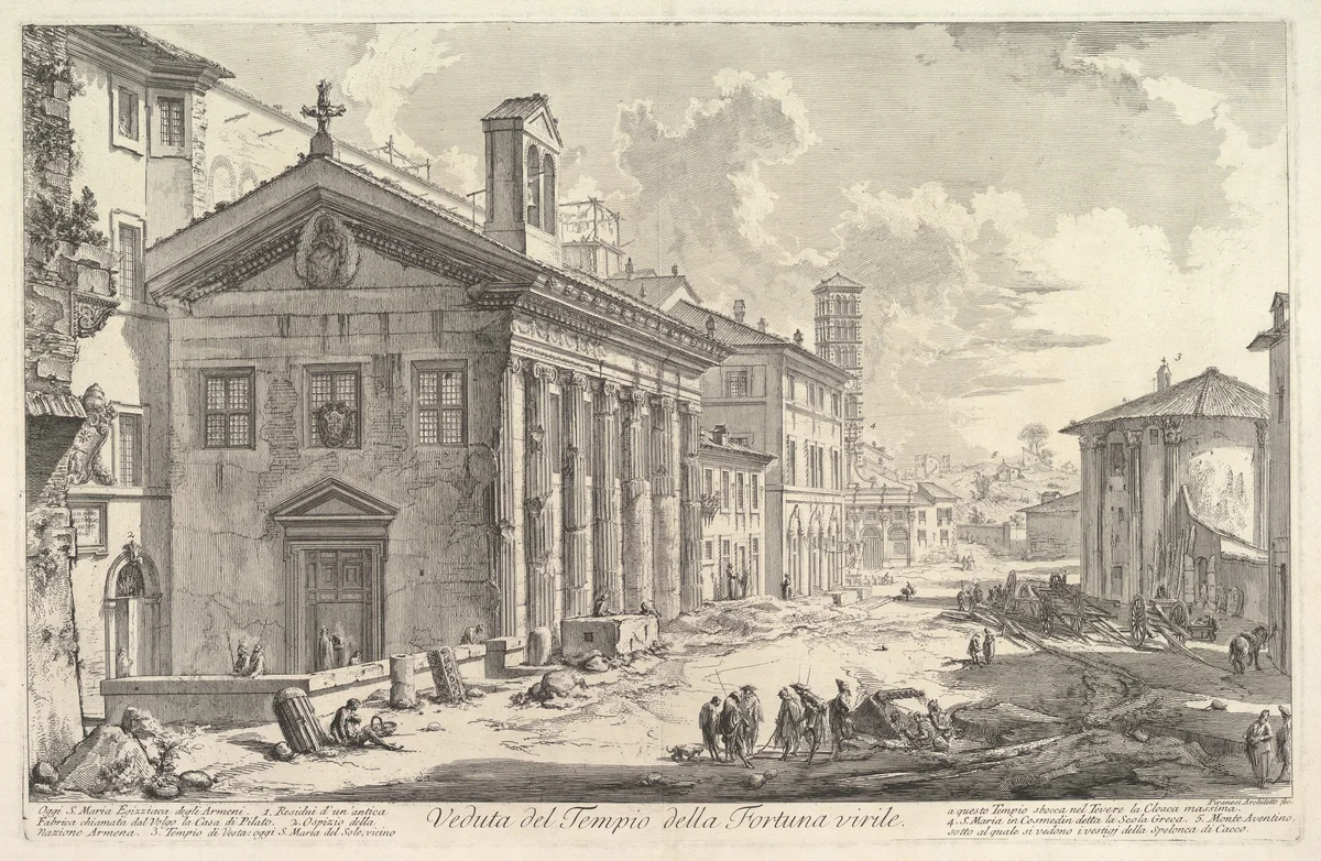 The so-called Temple of Fortuna Virilis (now Church of S. Maria Egizziaca) (Veduta del Tempio della Fortuna Virile) by Giovanni Battista Piranesi, print, 1753-1763