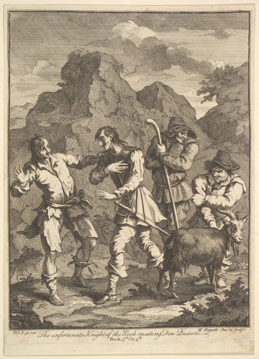 Don Quixote and the Knight of the Rock (Six Illustrations for Don Quixote) by William Hogarth, print, 1756