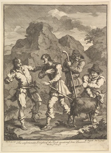 Don Quixote and the Knight of the Rock (Six Illustrations for Don Quixote) by William Hogarth, print, 1756