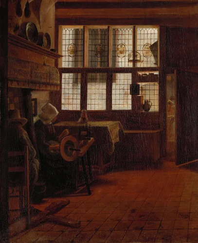 Interior with Woman at the Spinning Wheel by Esaias Boursse, painting, 1661