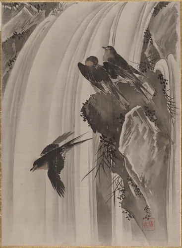Swallows by a Waterfall by Kawanabe Kyōsai (河鍋暁斎), painting, 1877-1897