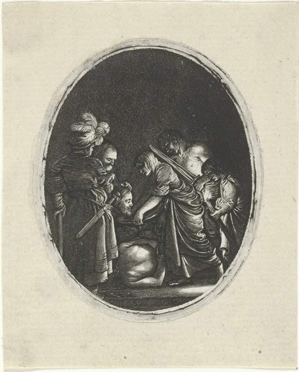 Presentatie van het hoofd van Johannes de Doper aan Salome by Hendrick Goudt, print, 1591-1648
