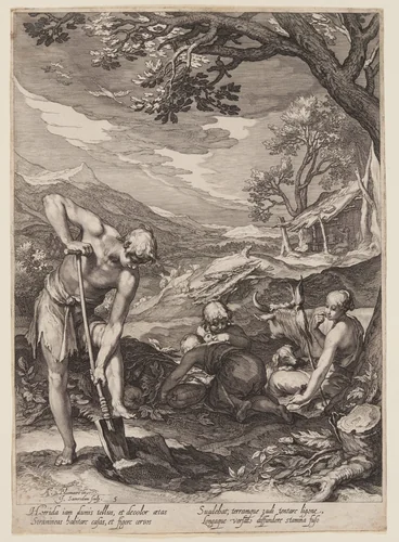 Adam and Eve Working, from History of the First Parents of Man by Jan Saenredam, print, 1604
