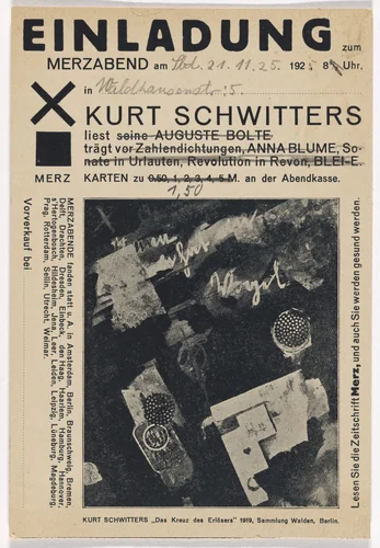 Postcard invitation to Merz evening (Einladung zum Merzabend) by Kurt Schwitters, design, 1923