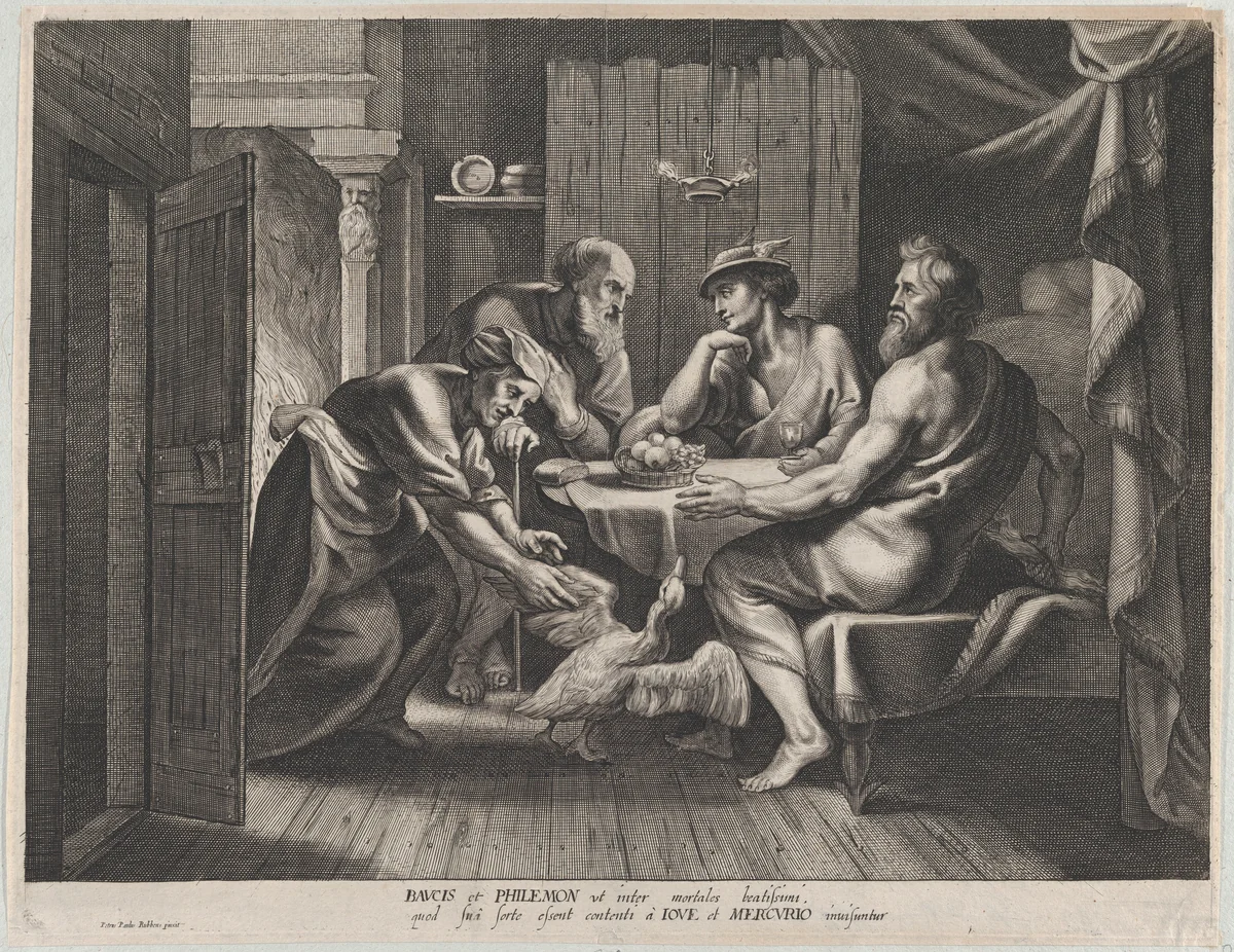Jupiter and Mercury with Philemon and Baucis by anonymous, print, 1622-1675