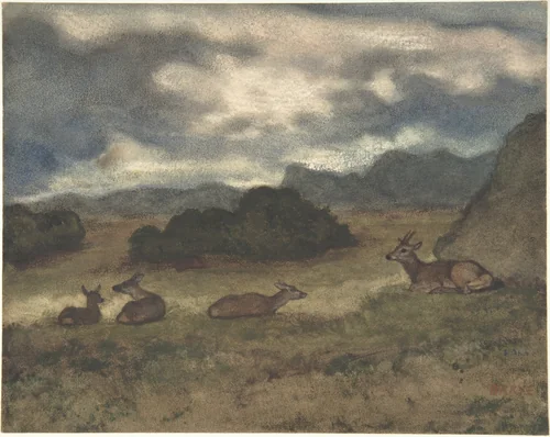 Deer in Landscape by Antoine-Louis Barye, drawing, 1810-1875