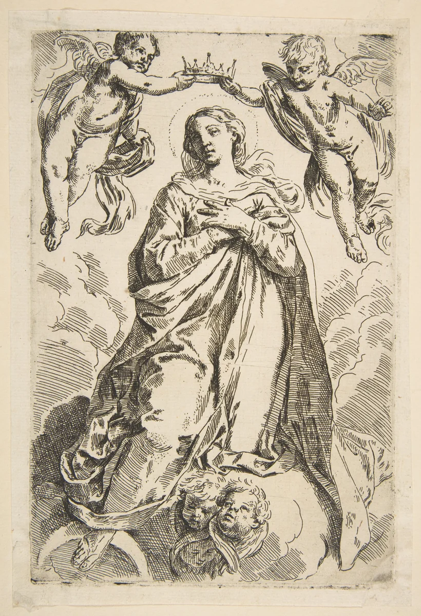 The Virgin being crowned by two angels, copy after Cantarini by Simone Cantarini, print, 1625-1648