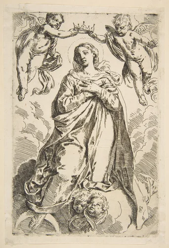 The Virgin being crowned by two angels, copy after Cantarini by Simone Cantarini, print, 1625-1648