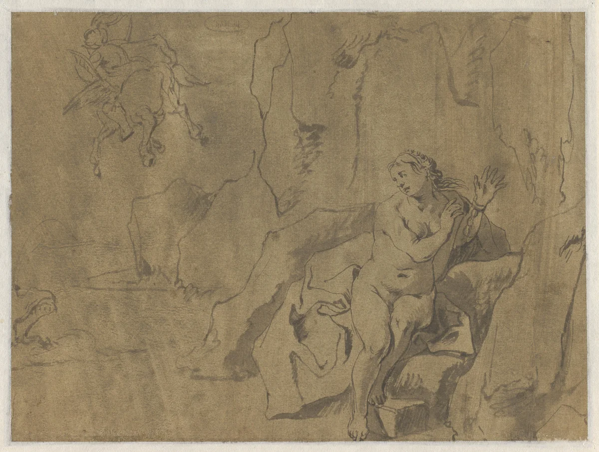 Perseus en Andromeda by Leonaert Bramer, drawing, 1606-1674