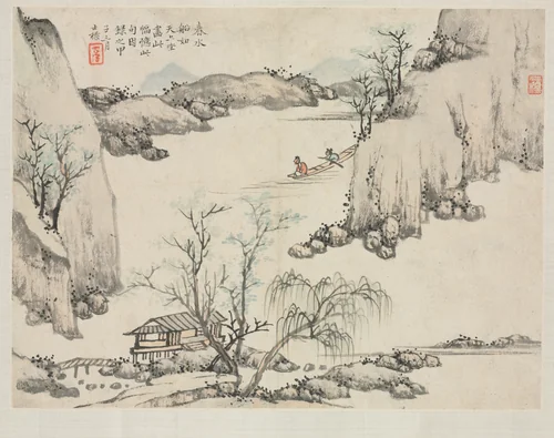 Landscape Album in Various Styles: Boating in Spring Water by Zha Shibiao, painting, 1684
