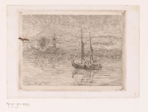 Twee zeilboten op een meer met een toren op de achtergrond by Jules Guiette, print, 1862-1901