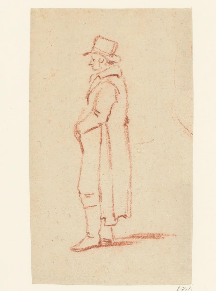 Staande man met hoge hoed en zijn handen op zijn buik by anonymous, drawing, 1700-1749