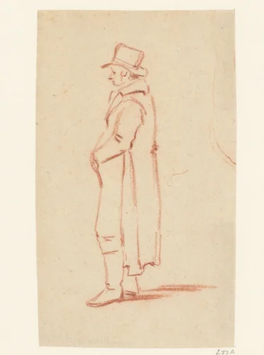 Staande man met hoge hoed en zijn handen op zijn buik by anonymous, drawing, 1700-1749