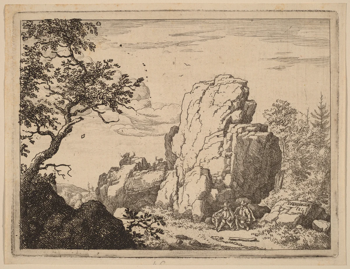 Two Men Seated at the Foot of a High Rock by Allart van Everdingen, print, 1645-1656
