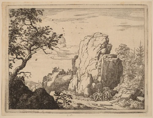 Two Men Seated at the Foot of a High Rock by Allart van Everdingen, print, 1645-1656